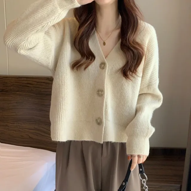 Women's V neck Pure Color All match Sweater Coat Beige - Shop at LoveMi