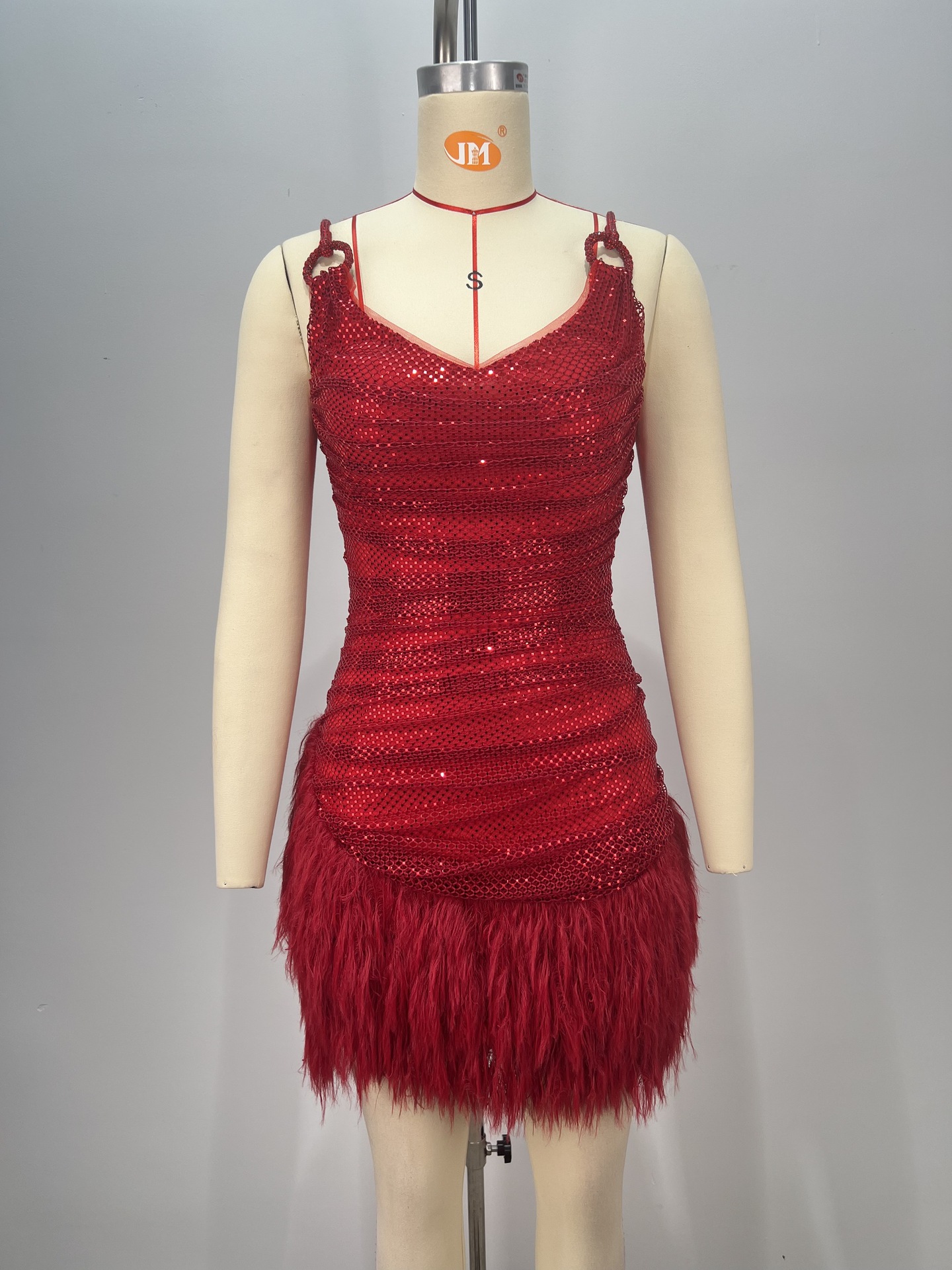 Red Feather Sequins Shiny Sling Mini Luxury Birthday Dress Red - Shop at LoveMi