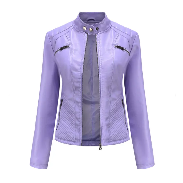 Women's Casual Leather Clothing Stand Collar Jacket Lavender - Shop at LoveMi