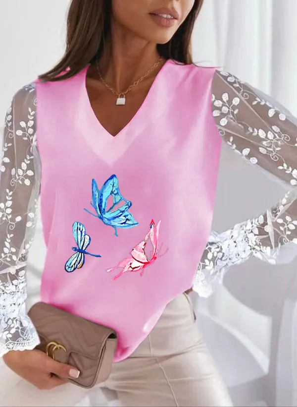 Dragonfly Printed V neck Lace Sleeve Sun Protection Women's T shirt Bottoming Shirt Butterfly Dragonfly Pink - Shop at LoveMi
