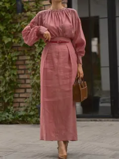 Elegant French-style Long-sleeve Solid-color Shirt For Independent Online Stores Long Skirt - Pink - View 1