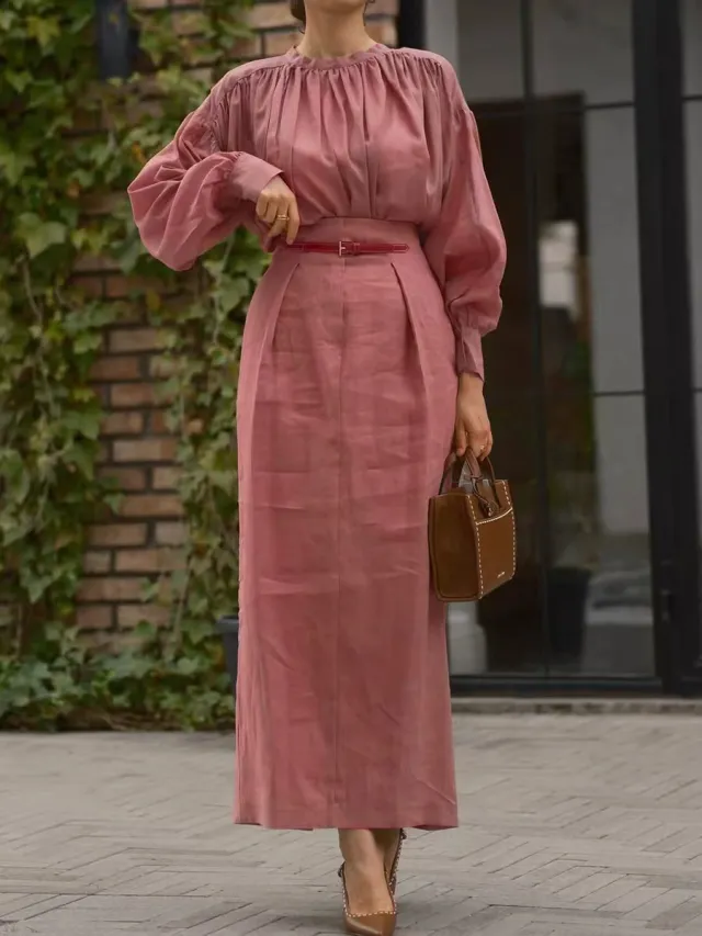 Elegant French style Long sleeve Solid color Shirt For Independent Online Stores Long Skirt Pink - Shop at LoveMi