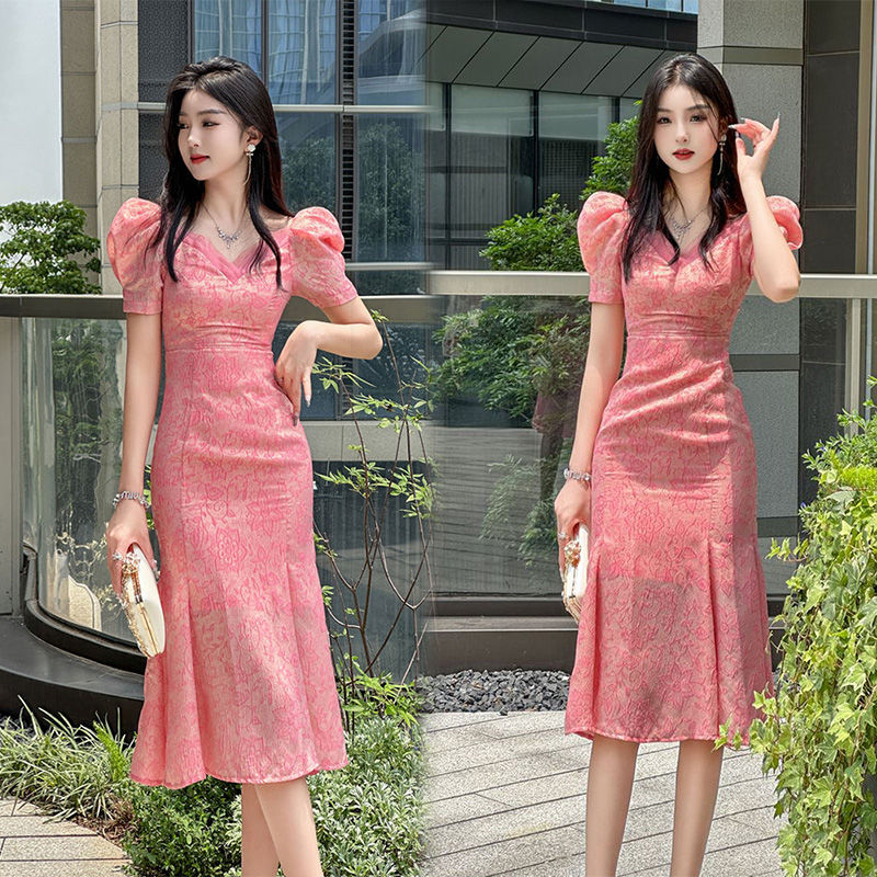 Belly Covering V-neck Puff Sleeve Floral Dress