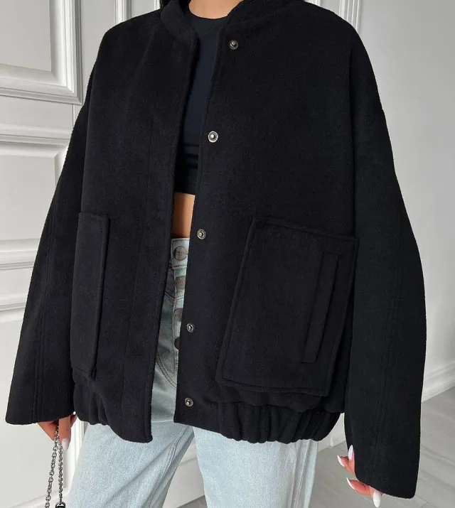 Loose Casual European And American Style Stand Collar Large Pocket Solid Color Women's Coat Black - Shop at LoveMi