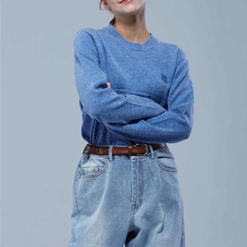 Women's Crew Neck Pullover Sweater Long-sleeved Knitted - Blue