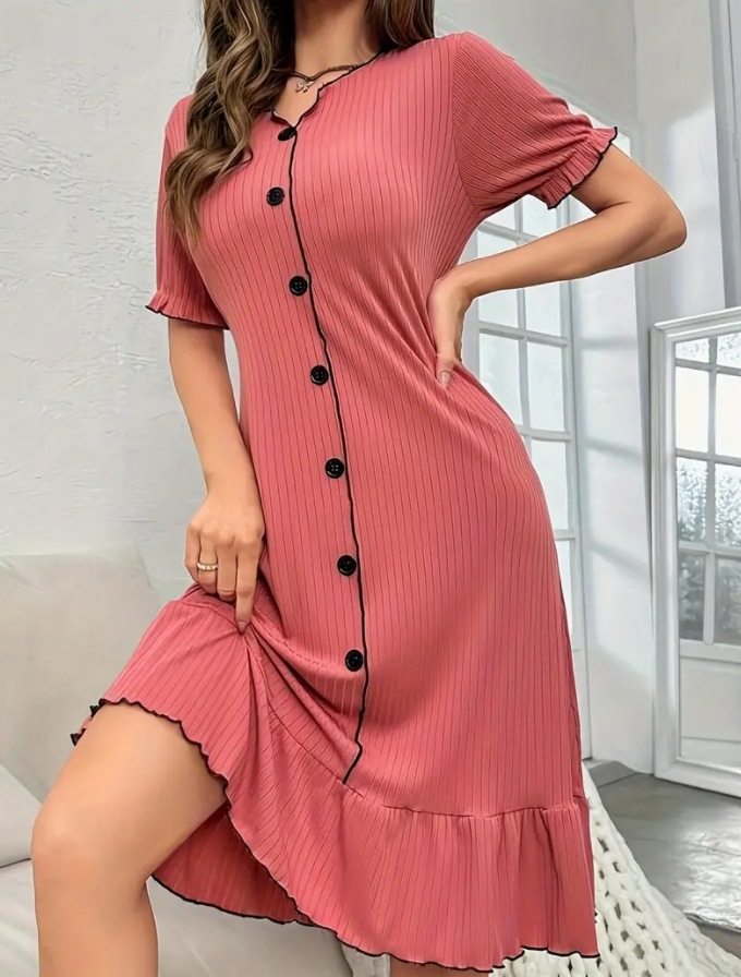 Knitted Button Temperament Short sleeved Ruffle Dress Watermelon Red Pink - Shop at LoveMi