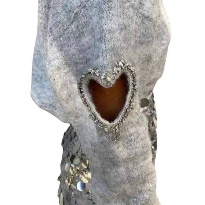 Elegant Pullover Round Neck Ripped Heart-shaped Rhinestone Solid Color Sweater