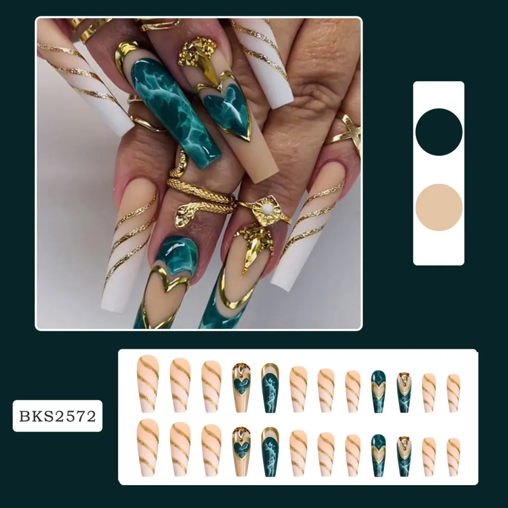Green Blooming Love Tip Manicure Wear Nail Patch - Bks2572 Green Smudges Love