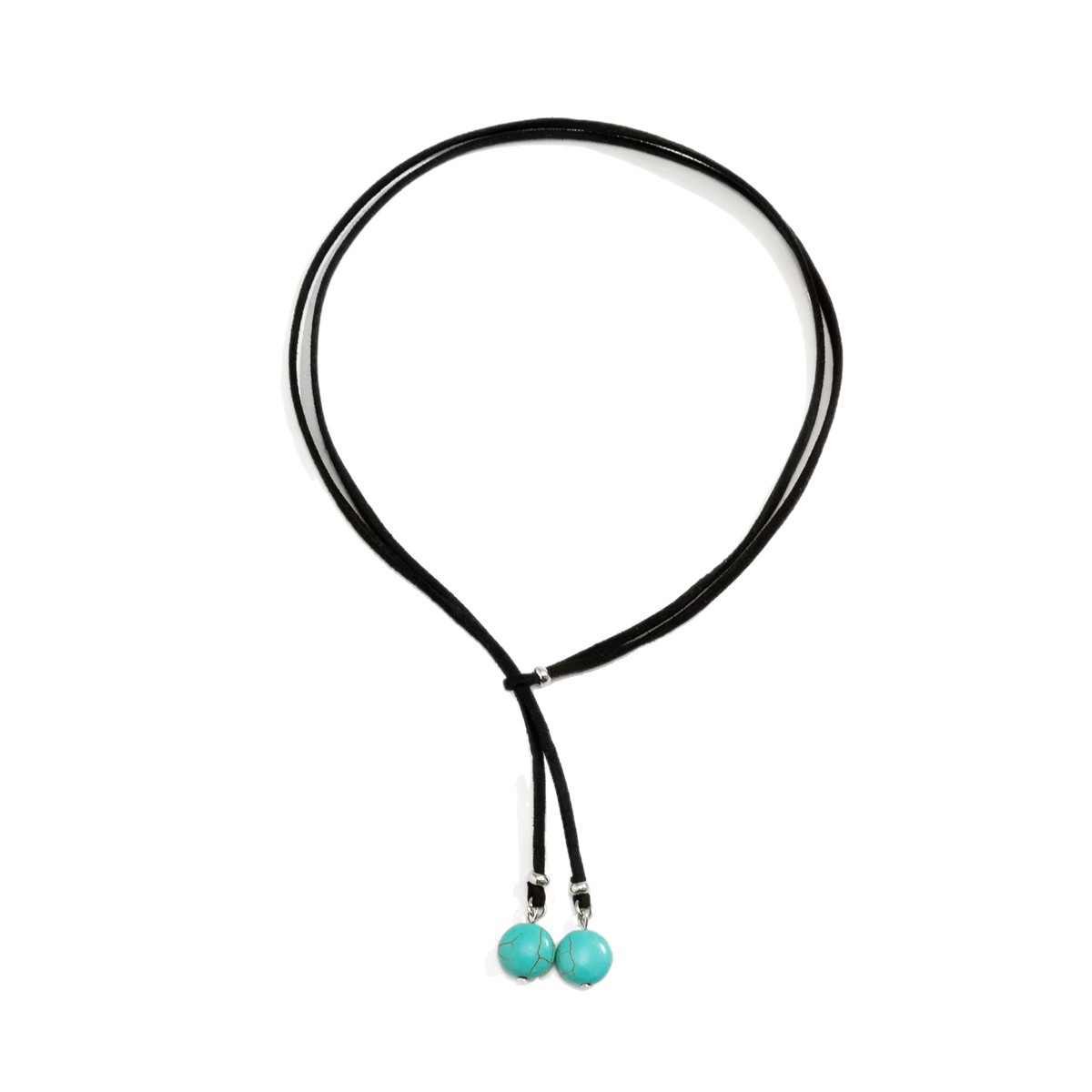 Black Rope And Turquoise Pendant Necklace With Drawstring For Women