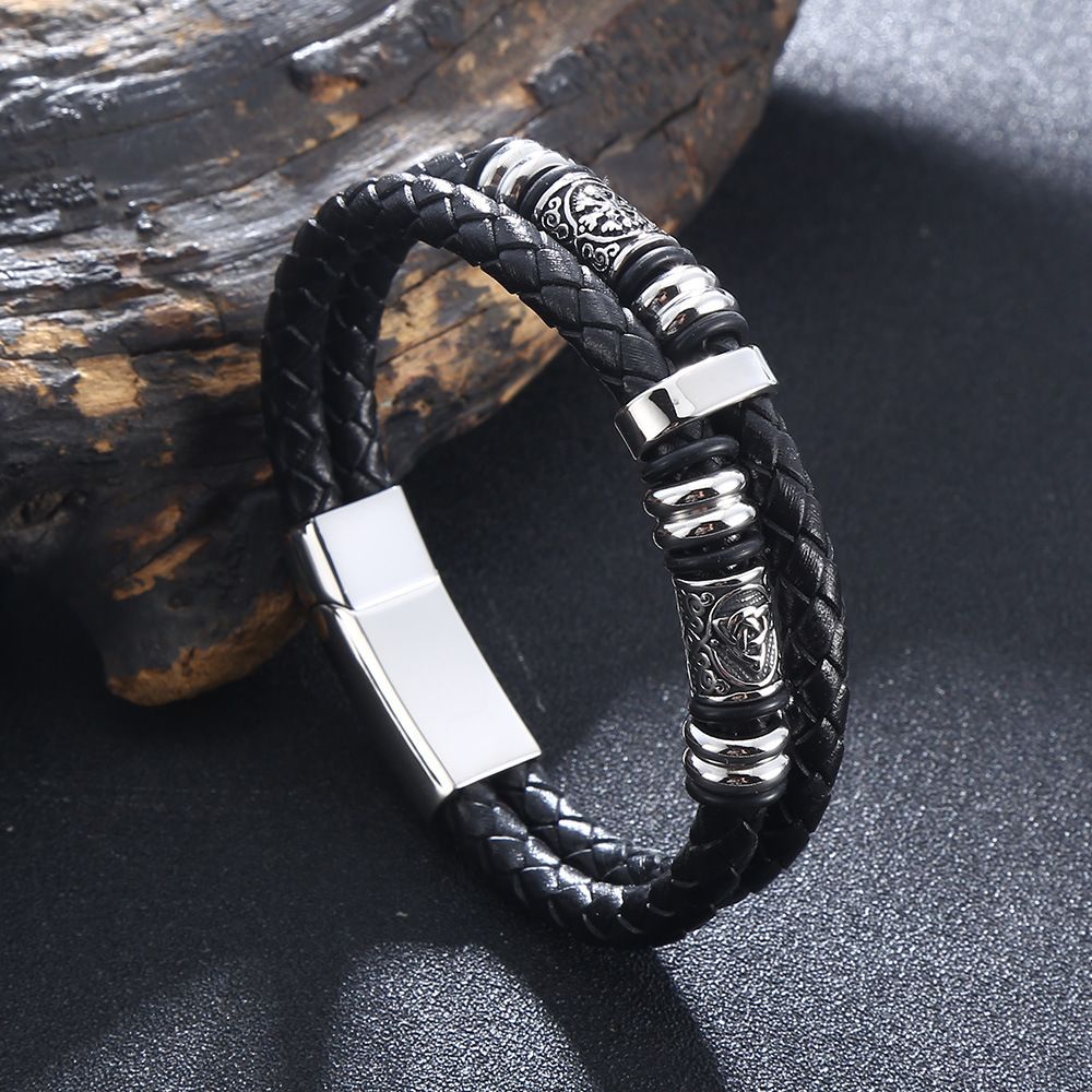 Cross-border Stainless Steel Personalized Double-Layer Leather Viking Bracelet