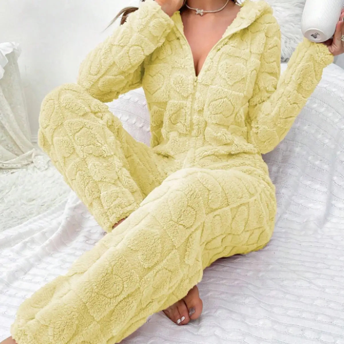 Plush Onesie Pajamas With Hood Trendy Bodysuit For Home Wear