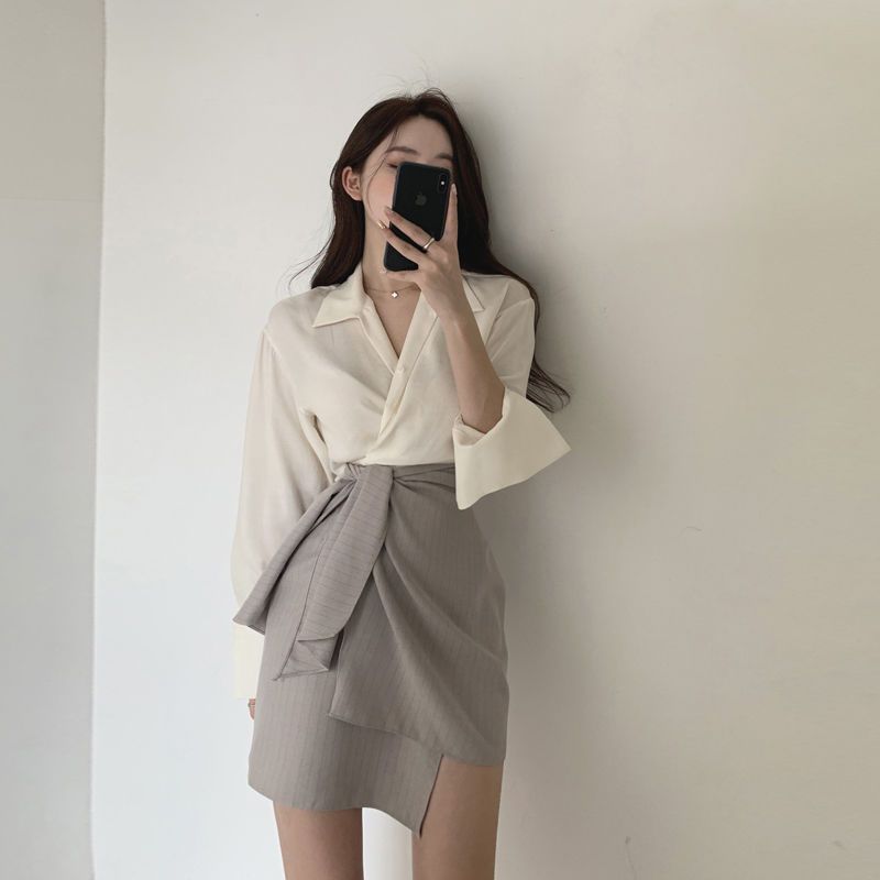 Apricot Shirt Khaki Skirt