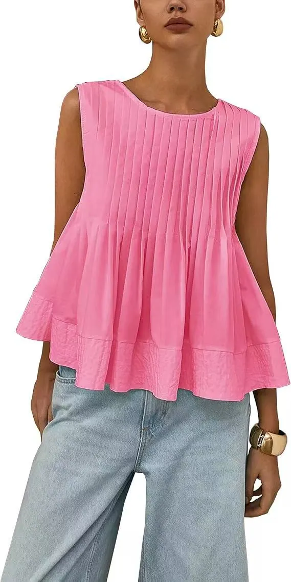 Pleated Slim-fit Loose Vest Shirt - Pink