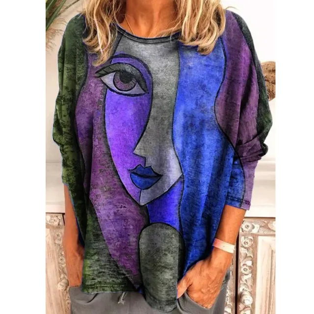 Autumn And Winter Printing Face Art Long Sleeve T shirt Blue - Shop at LoveMi