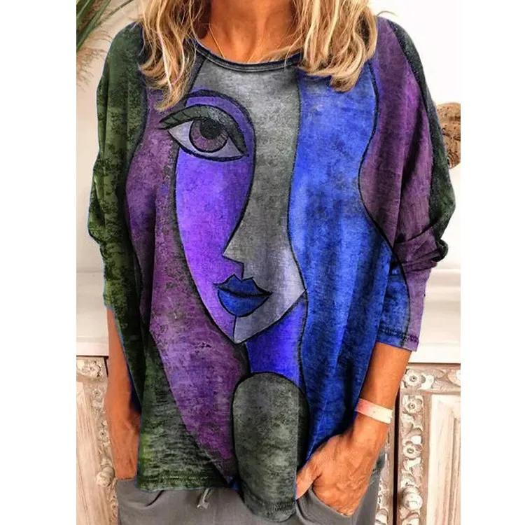 Autumn And Winter Printing Face Art Long Sleeve T-shirt - Blue