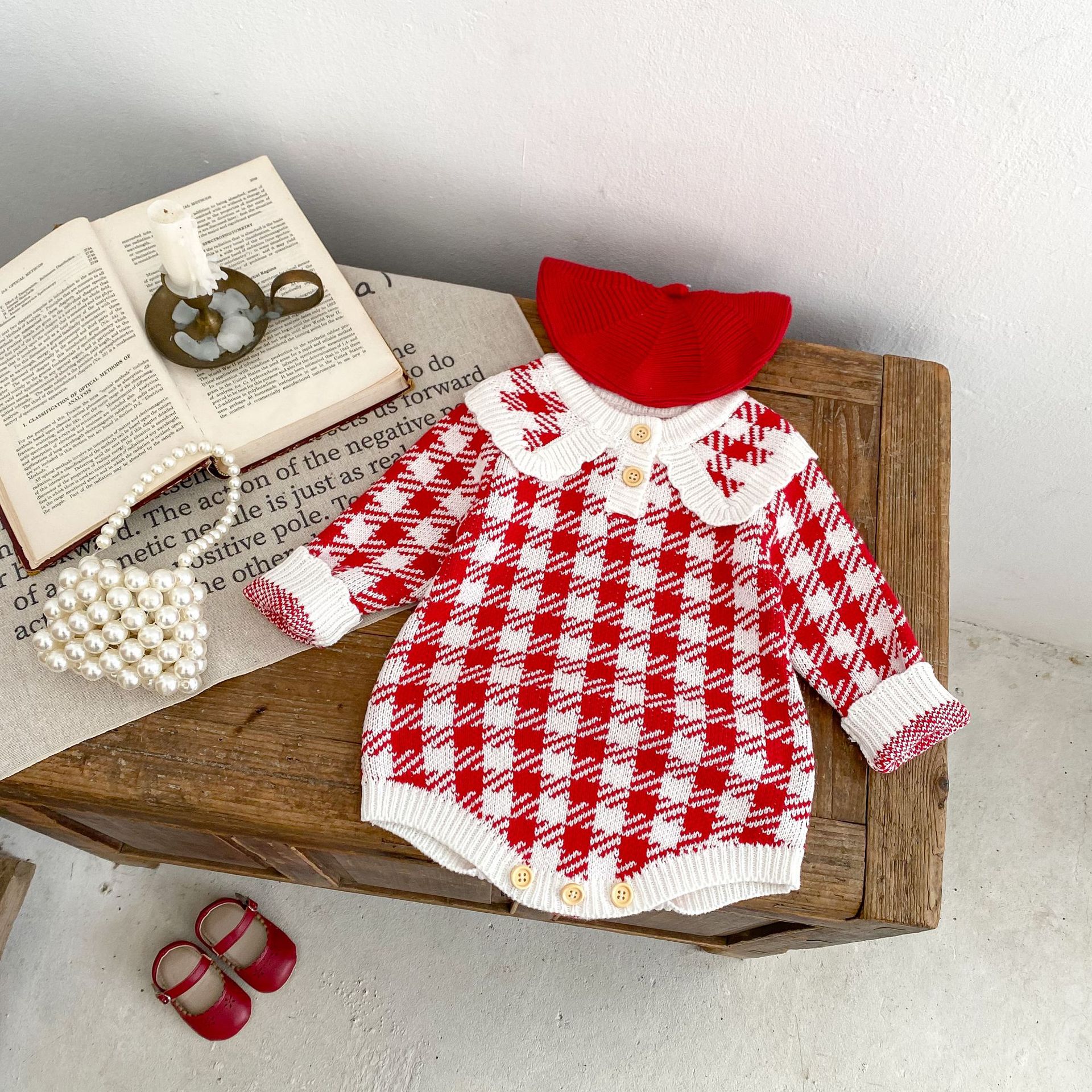 Title 3, Autumn Baby Girl Red Houndstooth Cotton Yarn Kn...