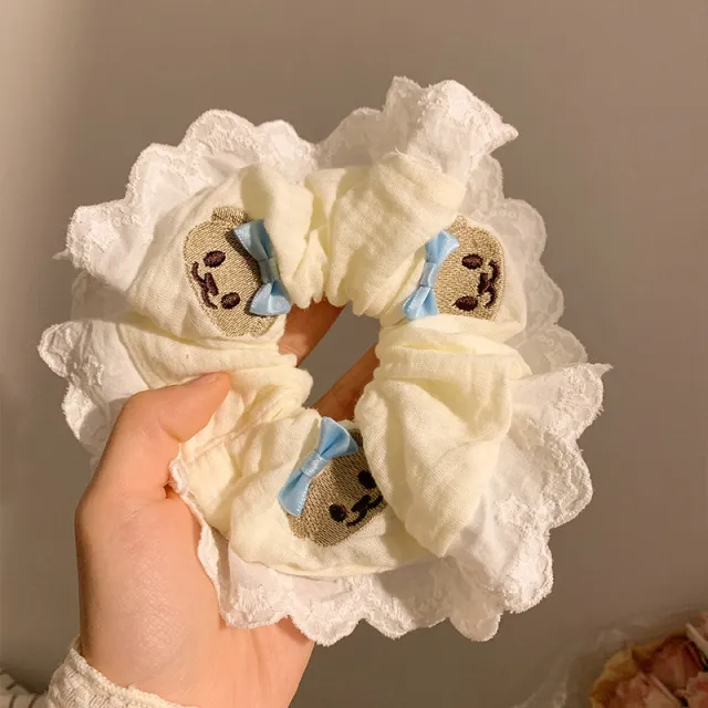 Cute Bear Blue Bow Lace Large Intestine Hair Ring Bear Blue Butterfly - Shop at LoveMi