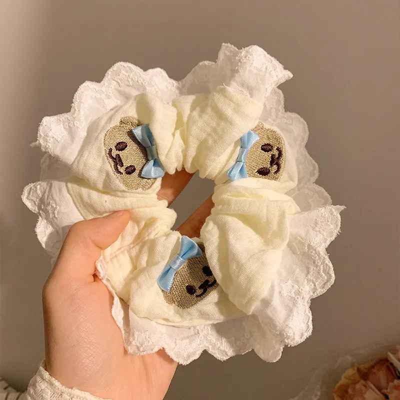 Cute Bear Blue Bow Lace Large Intestine Hair Ring - Bear Blue Butterfly