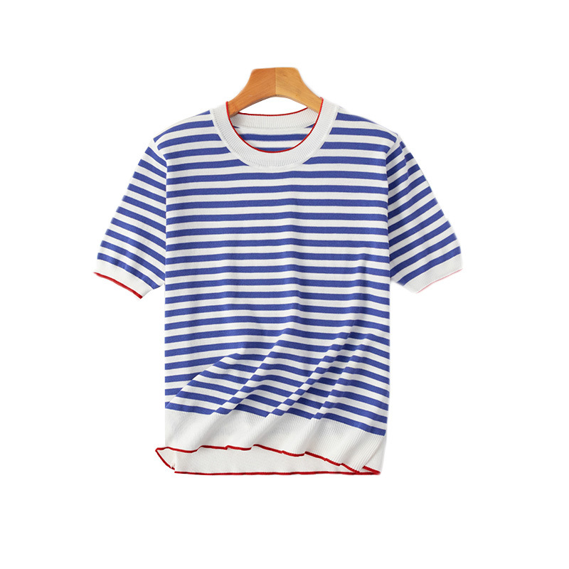 Women's Contrast Striped Short sleeved T shirt Blue And White Stripes - Shop at LoveMi