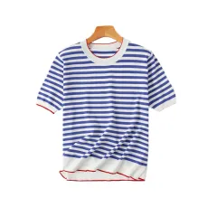 Women's Contrast Striped Short-sleeved T-shirt - Blue - View 1