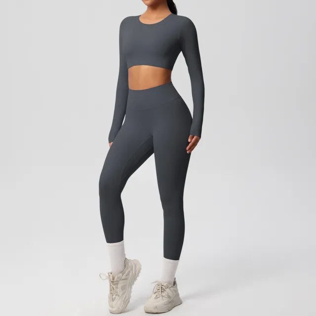 Solid Color Double sided Nylon Brushed Nude Feel Tight Exercise Yoga Clothes Suit Graphite Gray - Shop at LoveMi