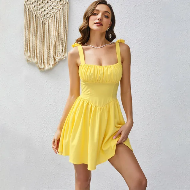 Sweet Short Strappy Back tie Slim Dress Light Yellow - Shop at LoveMi