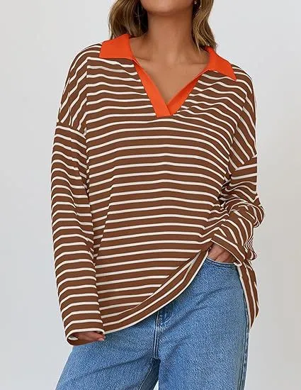 Casual Long Sleeve Color Matching Neckline Embroidered Pullover Sweatshirt Orange - Shop at LoveMi