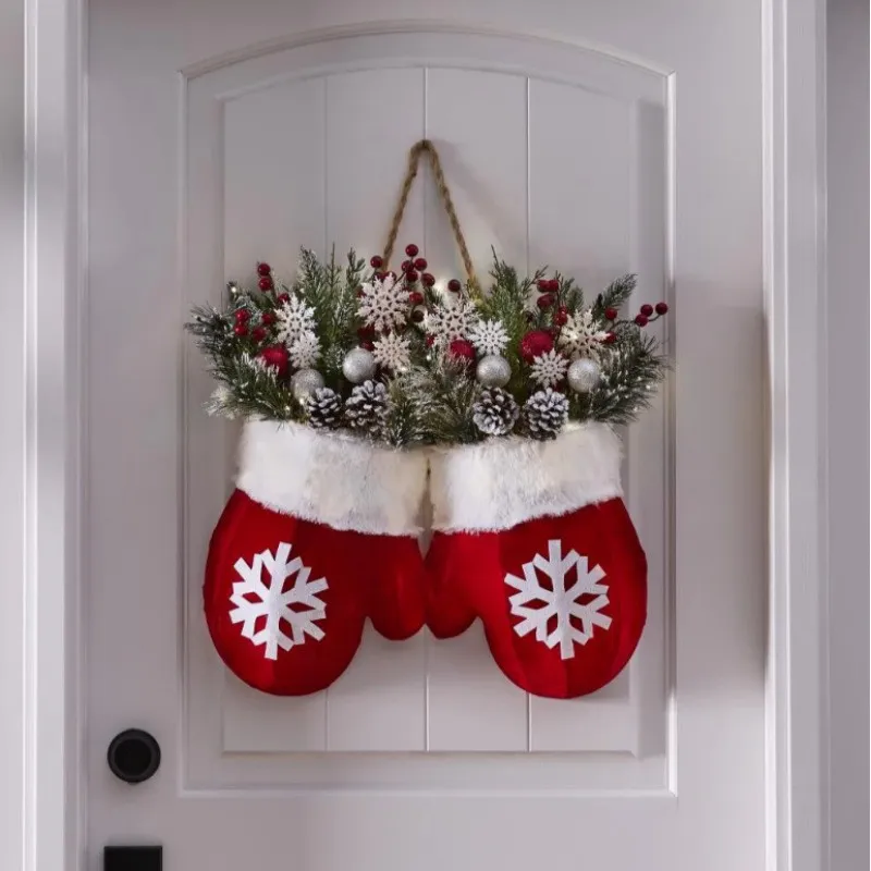 Christmas Garland Creative Glove Shaped Simulated Flower Wreath Window Door Gate Decoration Door Sign Xmas Party Decoration - Not Luminous Style