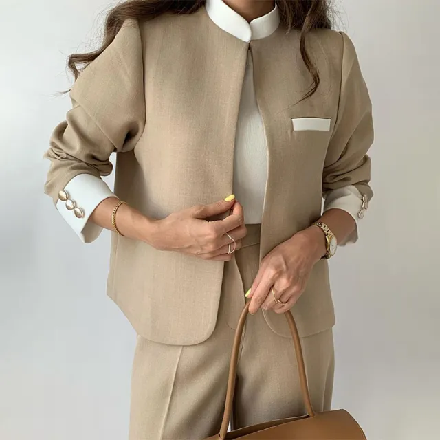 Autumn And Winter Leisure Temperament Color Matching Women's Suit Jacket Trousers Two piece Set Khaki - Shop at LoveMi