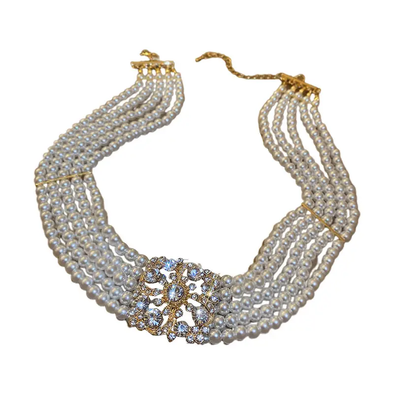 South Korea Diamond Studded Hollow Pearl Multi-layer Necklace Temperament