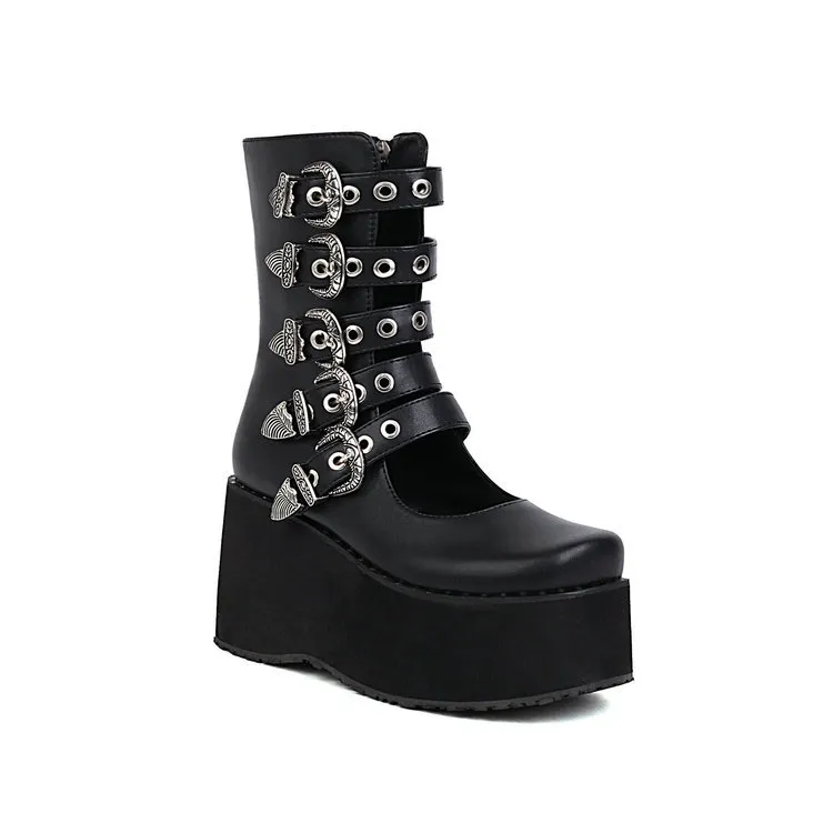 Punk Rivet Thick Bottom Platform Female Ankle Boots - Black