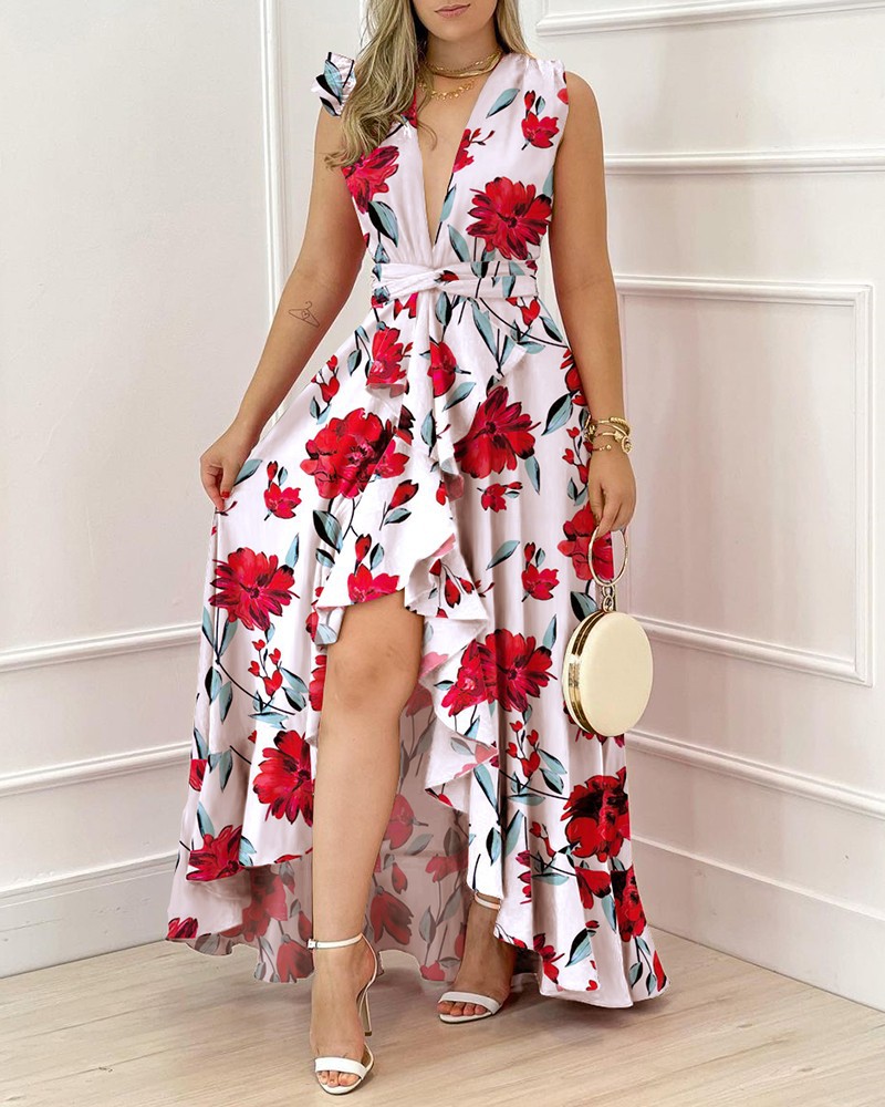 Women's High-waisted Red Stand Collar Printed Commuter Sleeveless Dress - Image 6