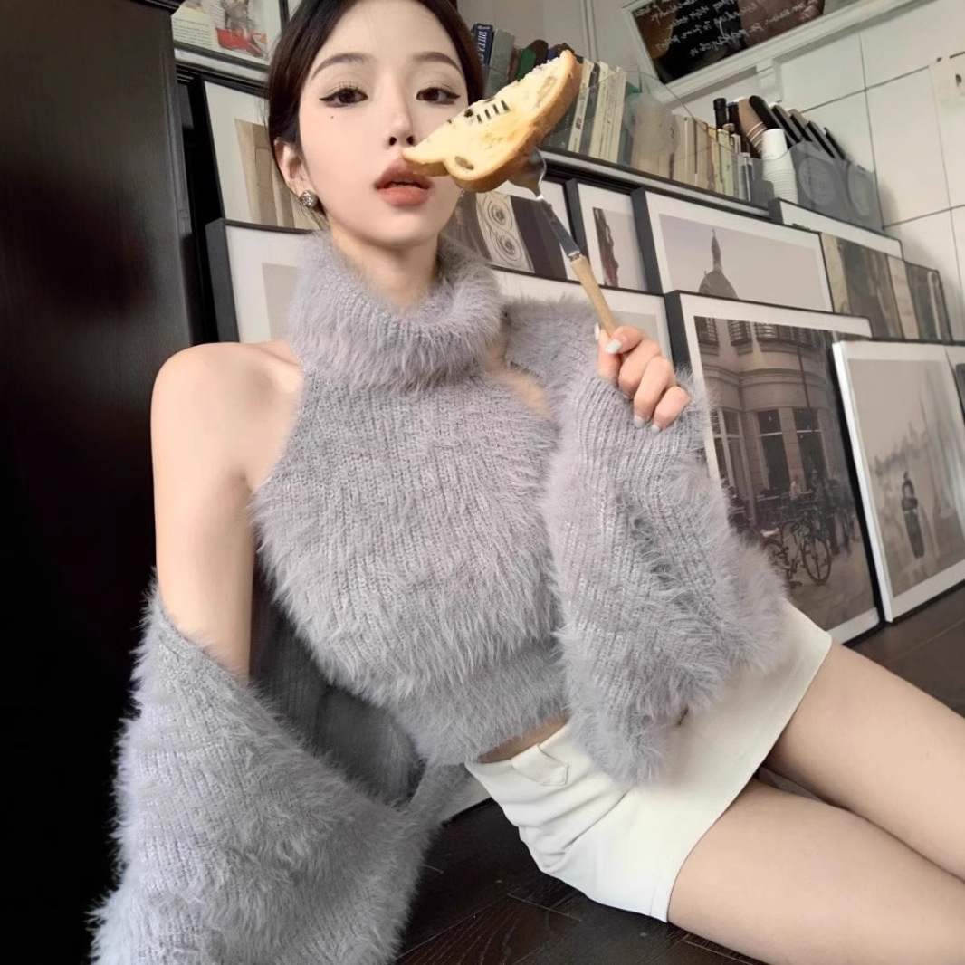 Sexy sweater vest suit women&#39;s high collar autumn and winter sweater two piece suit top