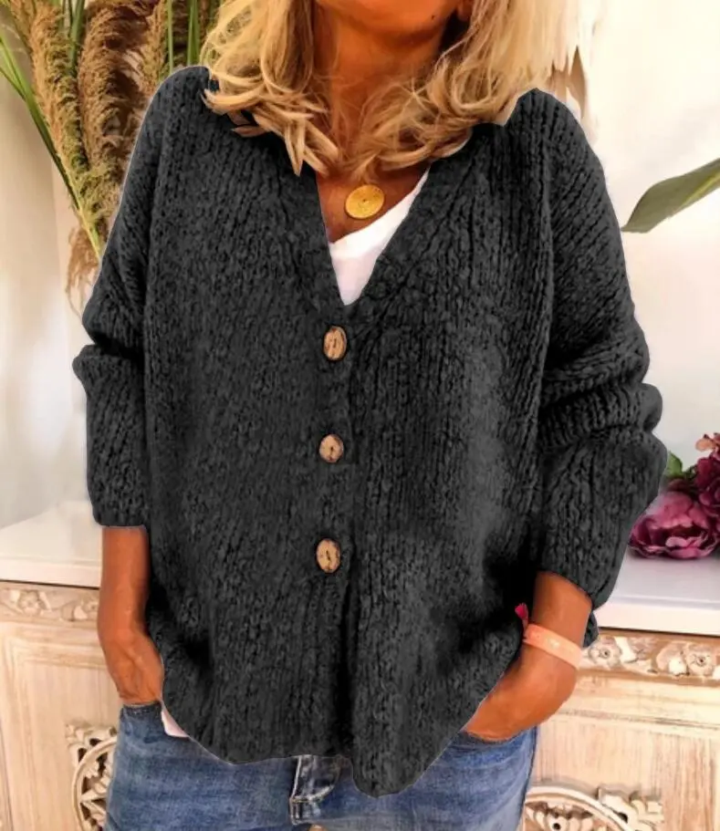 Knitted Cardigan Sweater With Three Buttons - Black
