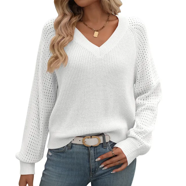 Women's Hollow Out V neck Long Sleeve Fashion Sweater White - Shop at LoveMi