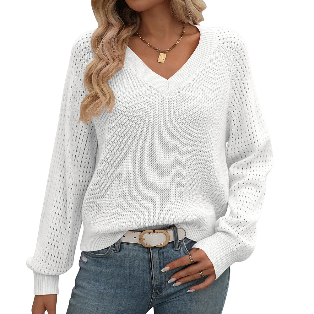 Women's Hollow Out V-neck Long Sleeve Fashion Sweater - White
