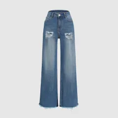 Raw Hem Ripped Loose Wide-leg Flared Jeans - Blue - View 1