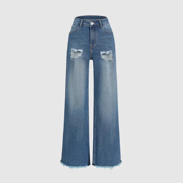 Raw Hem Ripped Loose Wide leg Flared Jeans Blue - Shop at LoveMi
