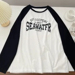 Letter Printed Long Sleeve Loose Bottoming Shirt American Retro Crew Neck Women's Top - White - View 1
