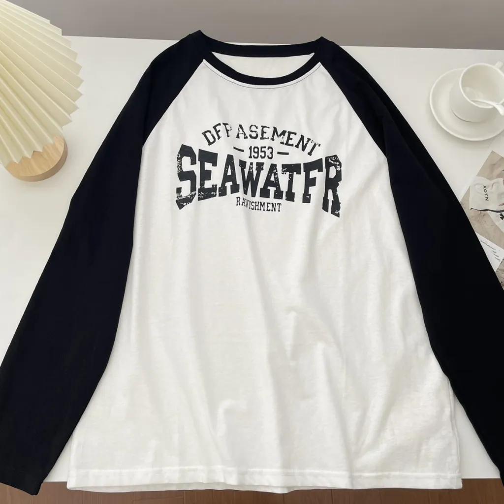 Letter Printed Long Sleeve Loose Bottoming Shirt American Retro Crew Neck Women's Top - White