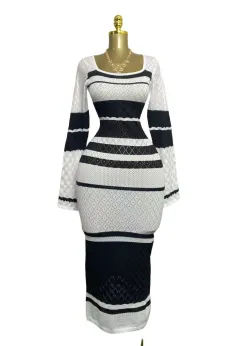 Colourful Contrast Colour U-neck Sexy Long-sleeved Knitted Dress - Black - View 1