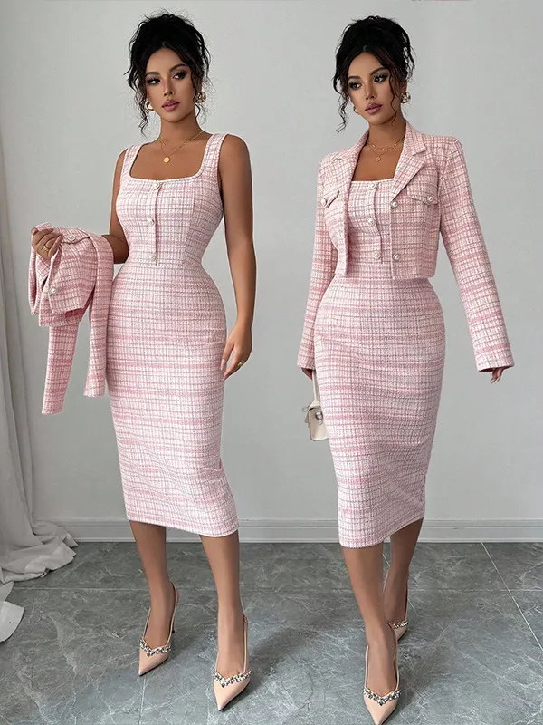 Women's Clothing Skirts Suit Lapel Long Sleeve Short Plaid Jacket Pink - Shop at LoveMi