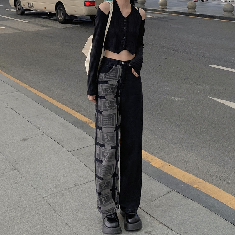 Vibe Style Retro Patchwork Straight Wide leg Pants Black - Shop at LoveMi
