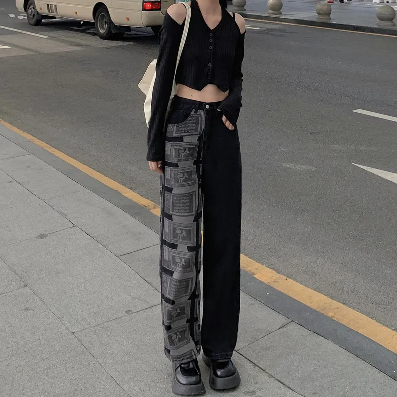 Vibe Style Retro Patchwork Straight Wide-leg Pants - Black