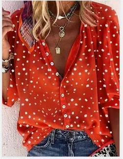 Women's V neck Long Sleeve Stand Collar Printed Sweet Blouse Red Dots - Shop at LoveMi