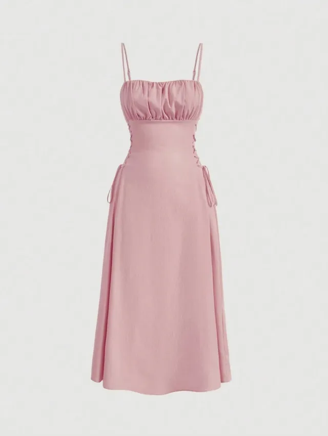 Spaghetti Straps Chest Wrap Waist tight Long Dress Pink - Shop at LoveMi