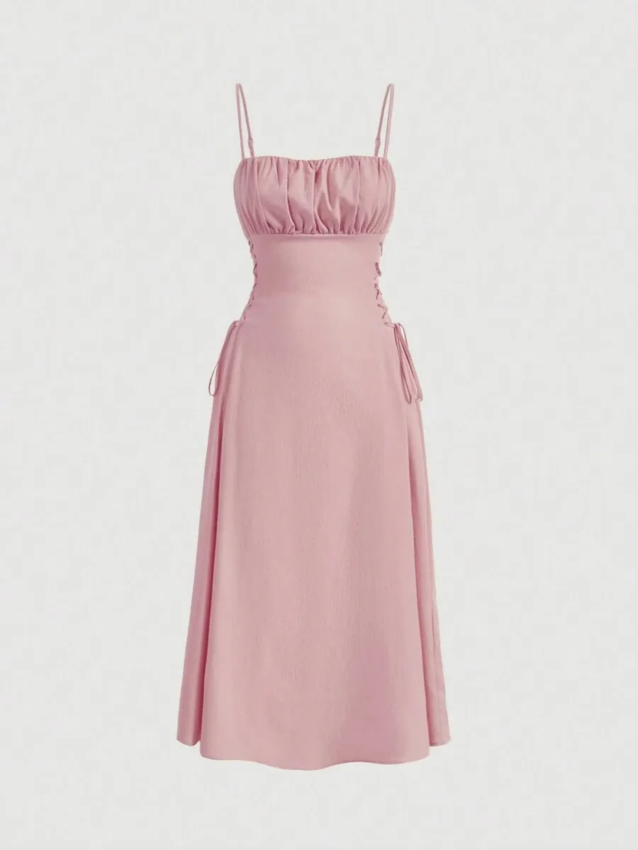 Spaghetti Straps Chest Wrap Waist-tight Long Dress - Pink