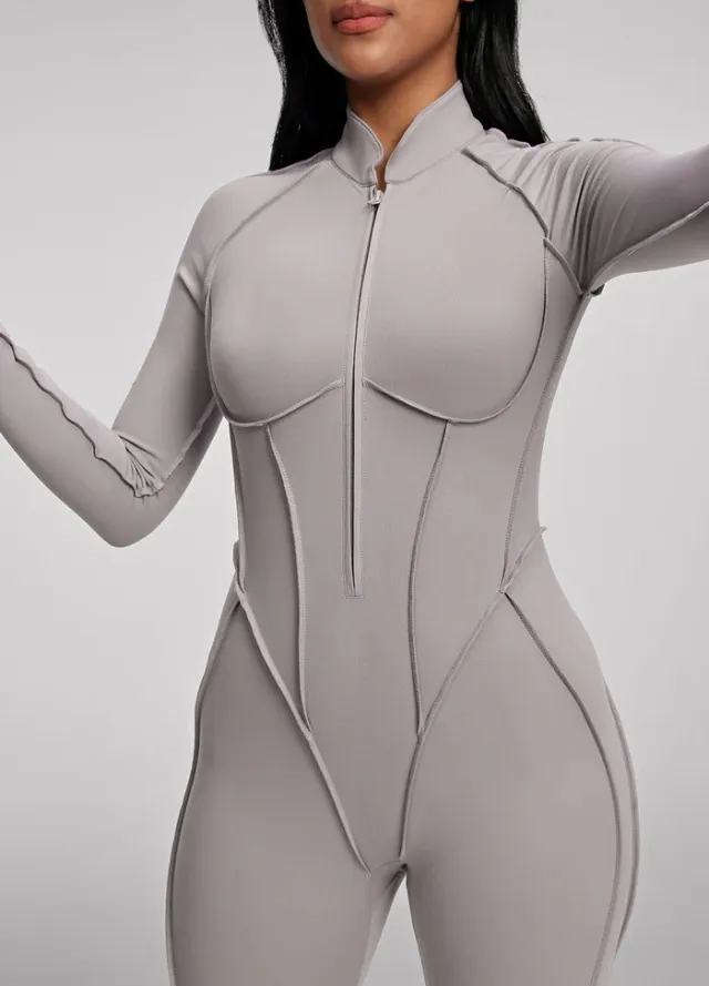 Women's Fashion Long Sleeve Zipper Slim Fit Jumpsuit Cool Gray - Shop at LoveMi