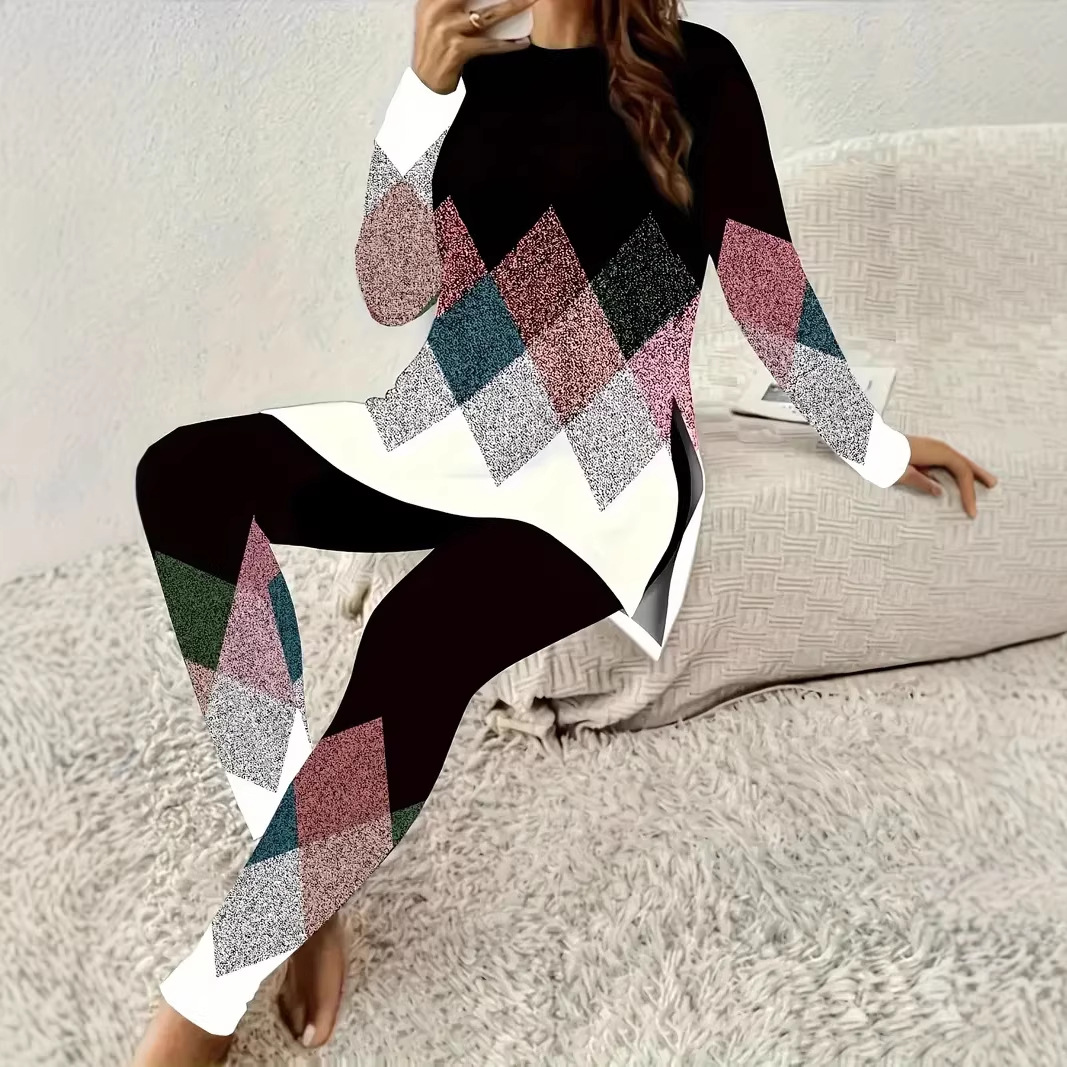 Spring And Autumn Geometric Print Womens Long-Sleeve Top And Pants Two-Piece Set