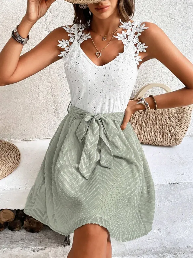 Womens Casual Resort Dress With Lace Trim And Patchwork Design Green - Shop at LoveMi